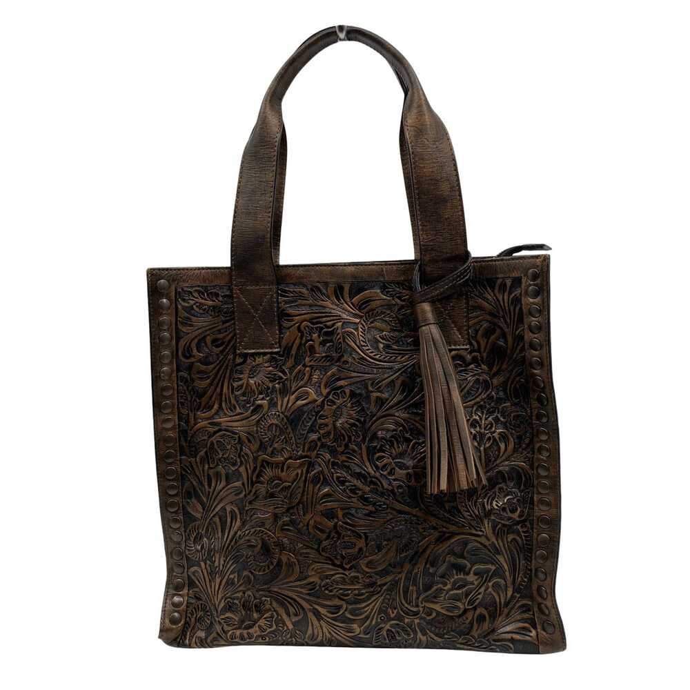 Alejandro Yeo Brown Leather Tasseled Tote Bag | Classic Floral Design